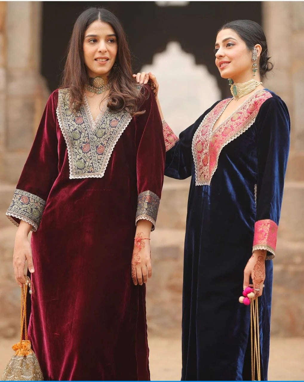 Premium Navy Blue Velvet Embroidered Kurta Set