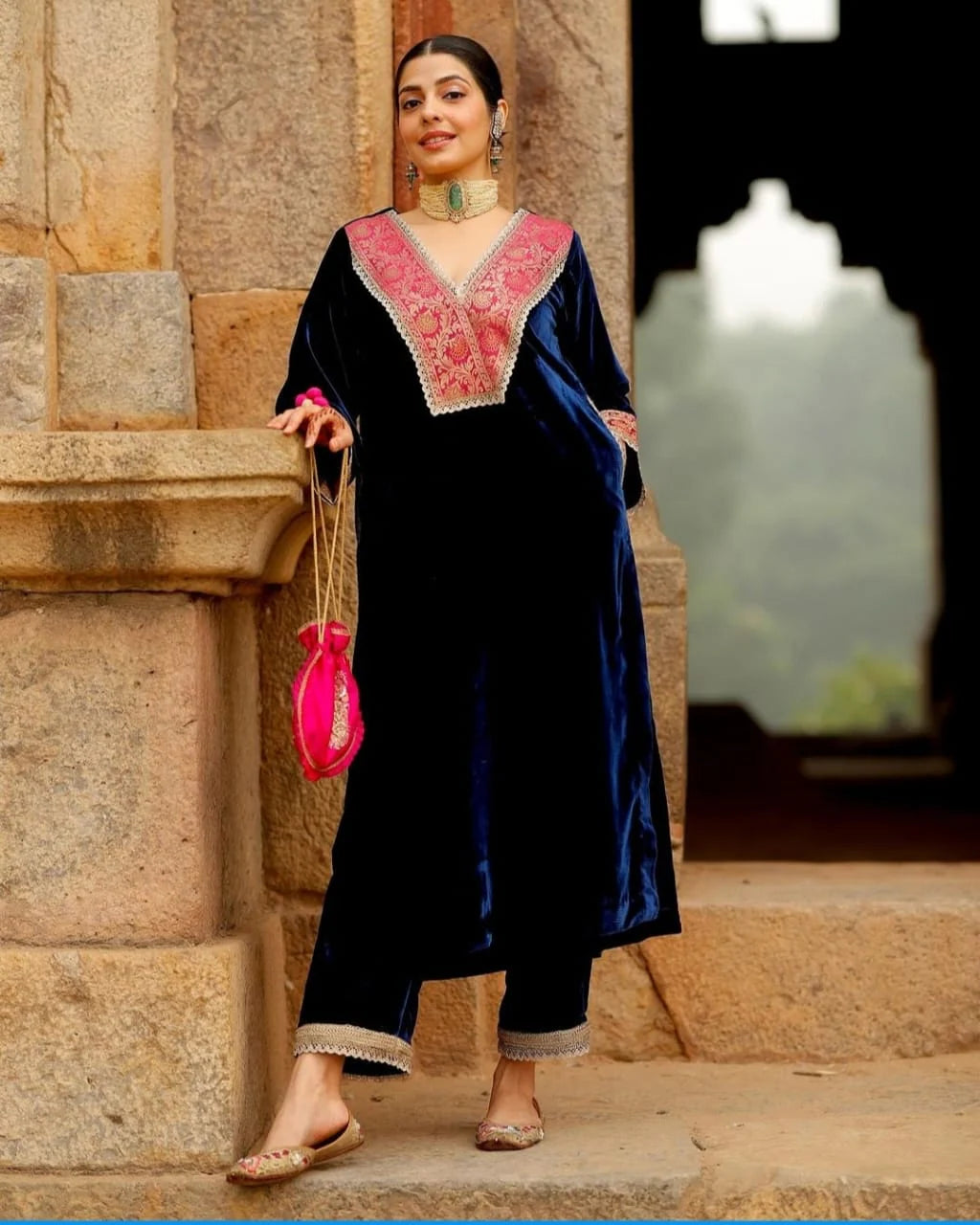 Premium Navy Blue Velvet Embroidered Kurta Set
