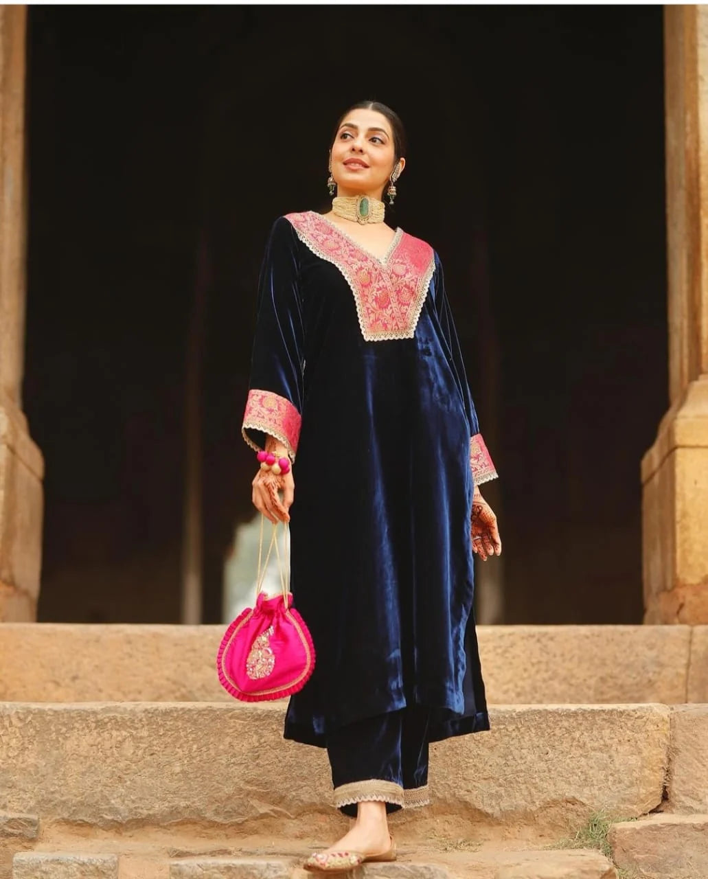 Premium Navy Blue Velvet Embroidered Kurta Set
