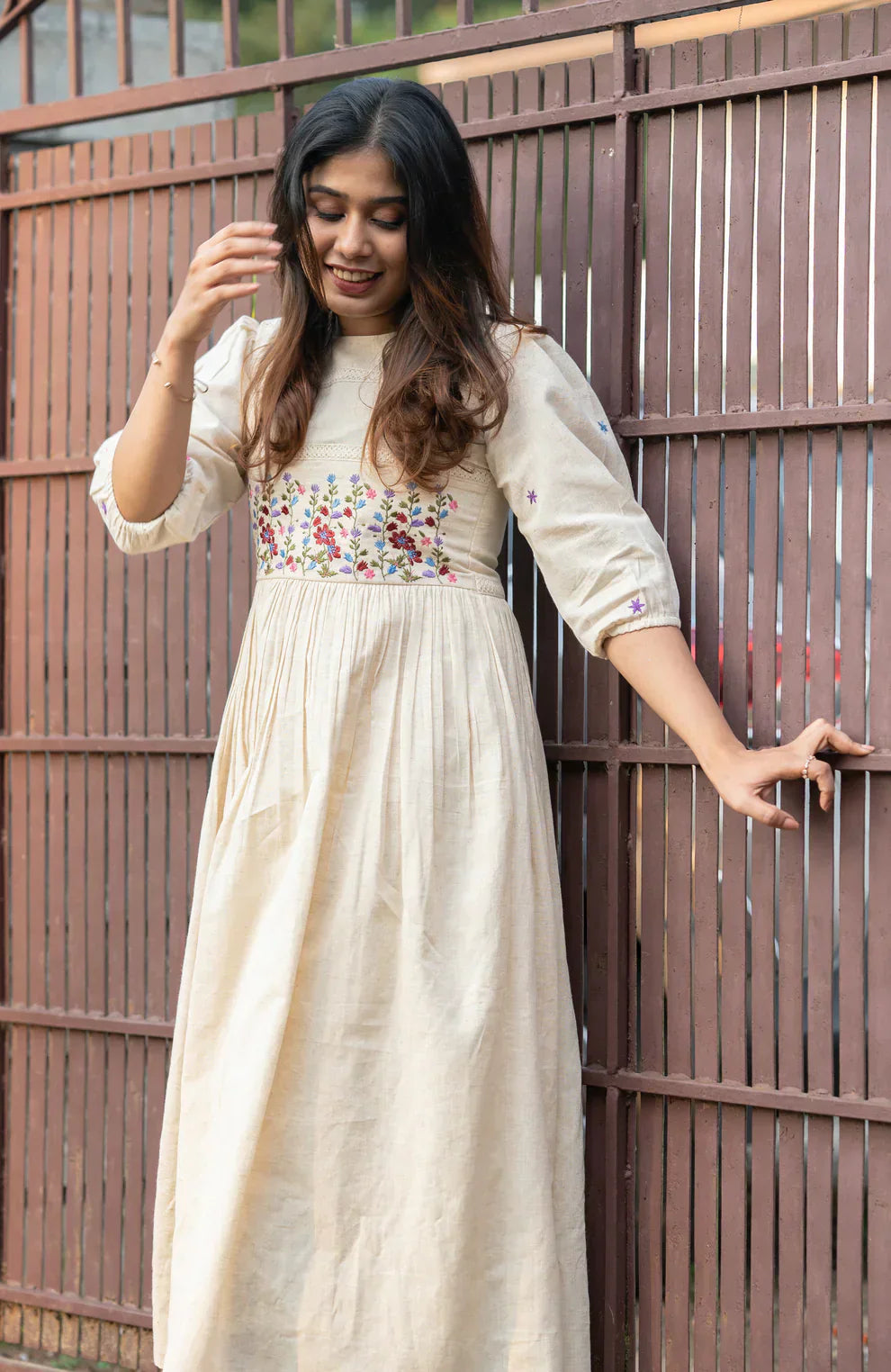 Biba Off-White Flex Cotton Dress With Floral Embroidery And Crochet Lace Detailing On Yoke And Sleeves