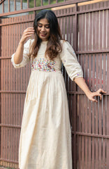 Biba Off-White Flex Cotton Dress With Floral Embroidery And Crochet Lace Detailing On Yoke And Sleeves