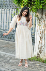 Biba Off-White Flex Cotton Dress With Floral Embroidery And Crochet Lace Detailing On Yoke And Sleeves