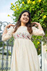Biba Off-White Flex Cotton Dress With Floral Embroidery And Crochet Lace Detailing On Yoke And Sleeves