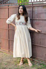 Biba Off-White Flex Cotton Dress With Floral Embroidery And Crochet Lace Detailing On Yoke And Sleeves