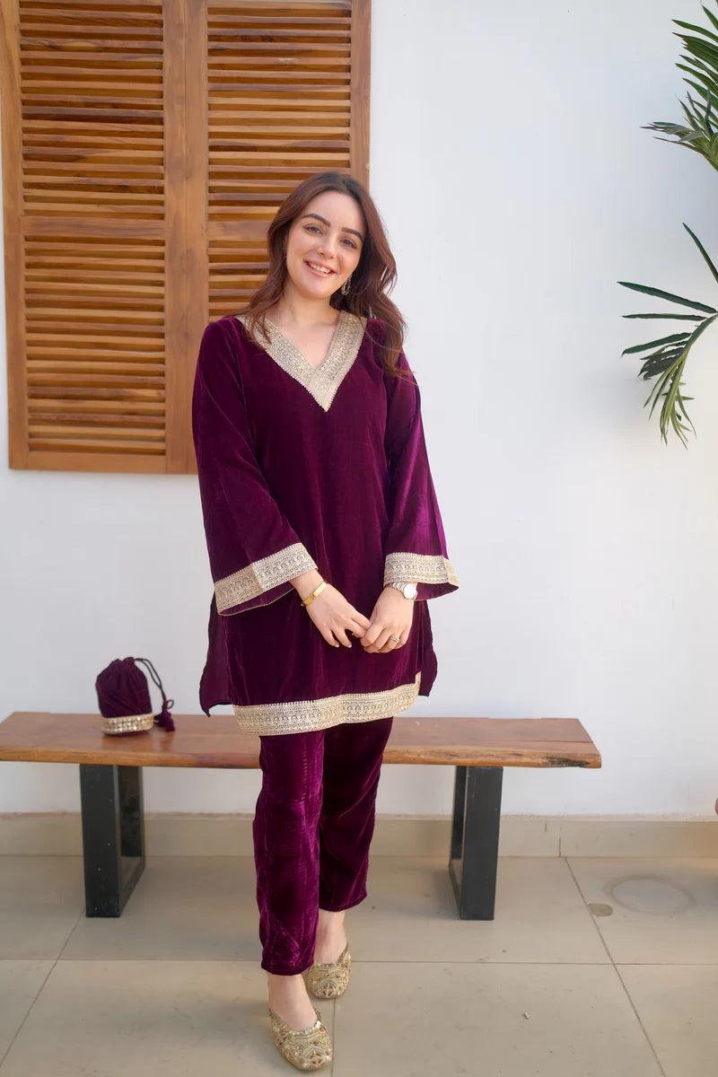 Burgundy Velvet Kurta Set
