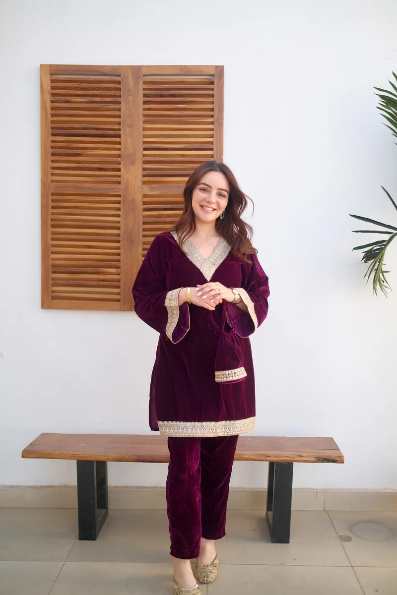 Burgundy Velvet Kurta Set