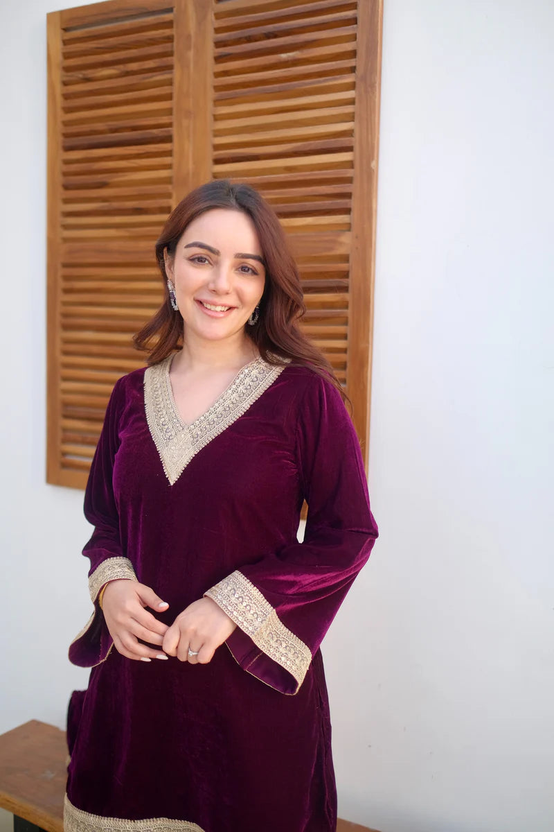 Burgundy Velvet Kurta Set
