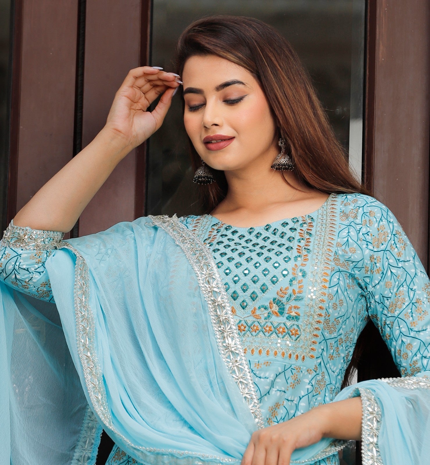 Women  Rayon Kurta Pant Dupatta Set  Sky Blue