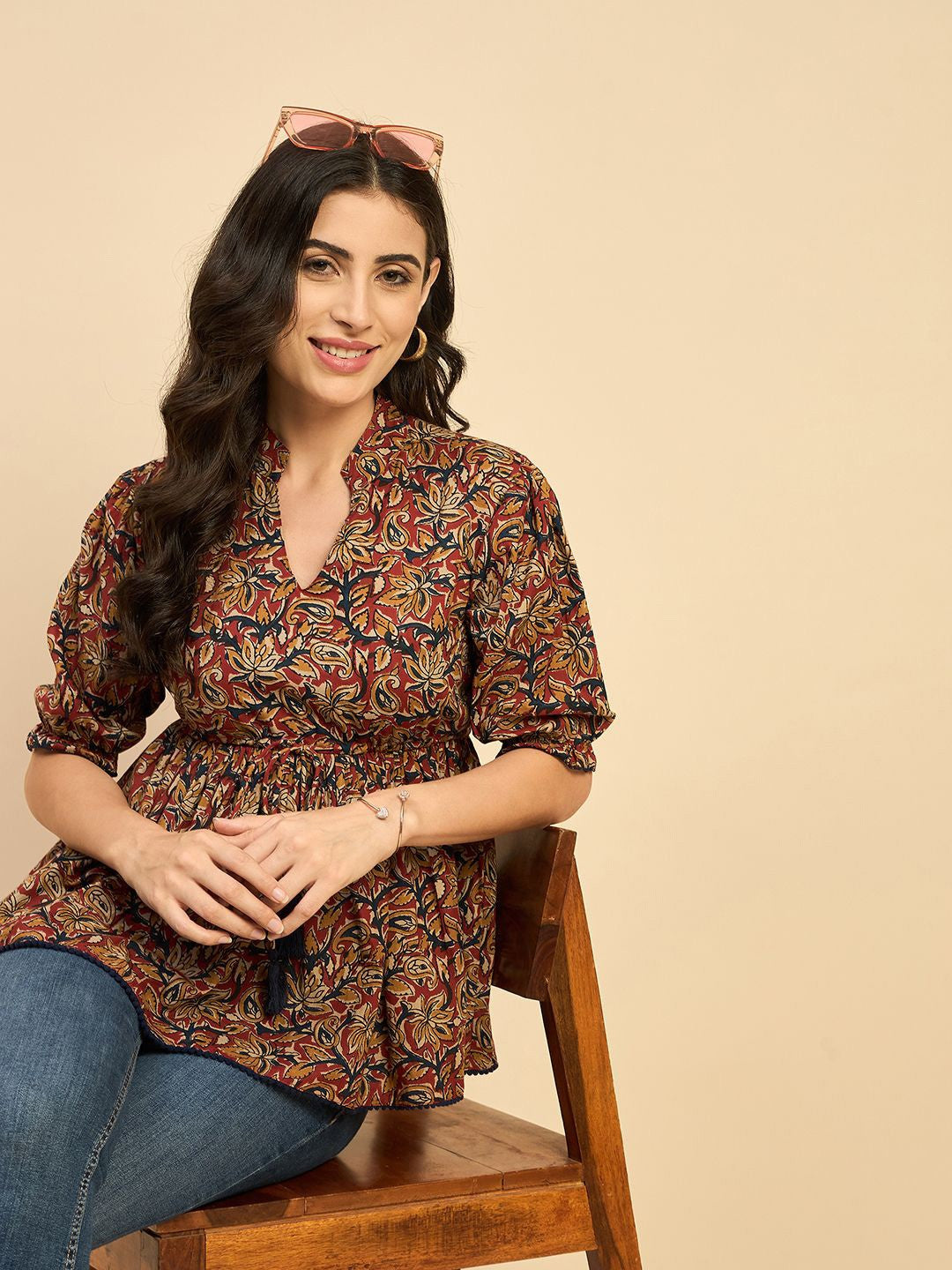 Women Ethnic Printed Mandarin Collar Cotton Top Red Blue