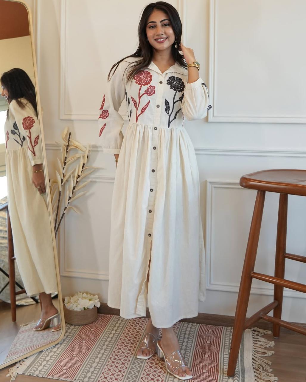Off White Embroidered Cotton Gown