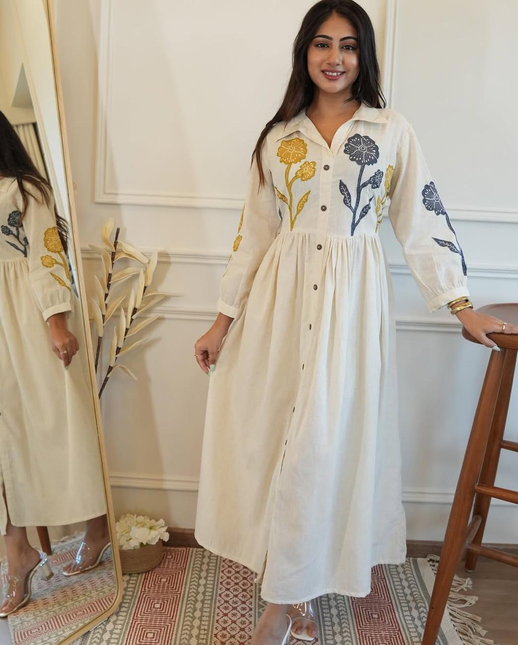 Off White Embroidered Cotton Gown Yellow Flower