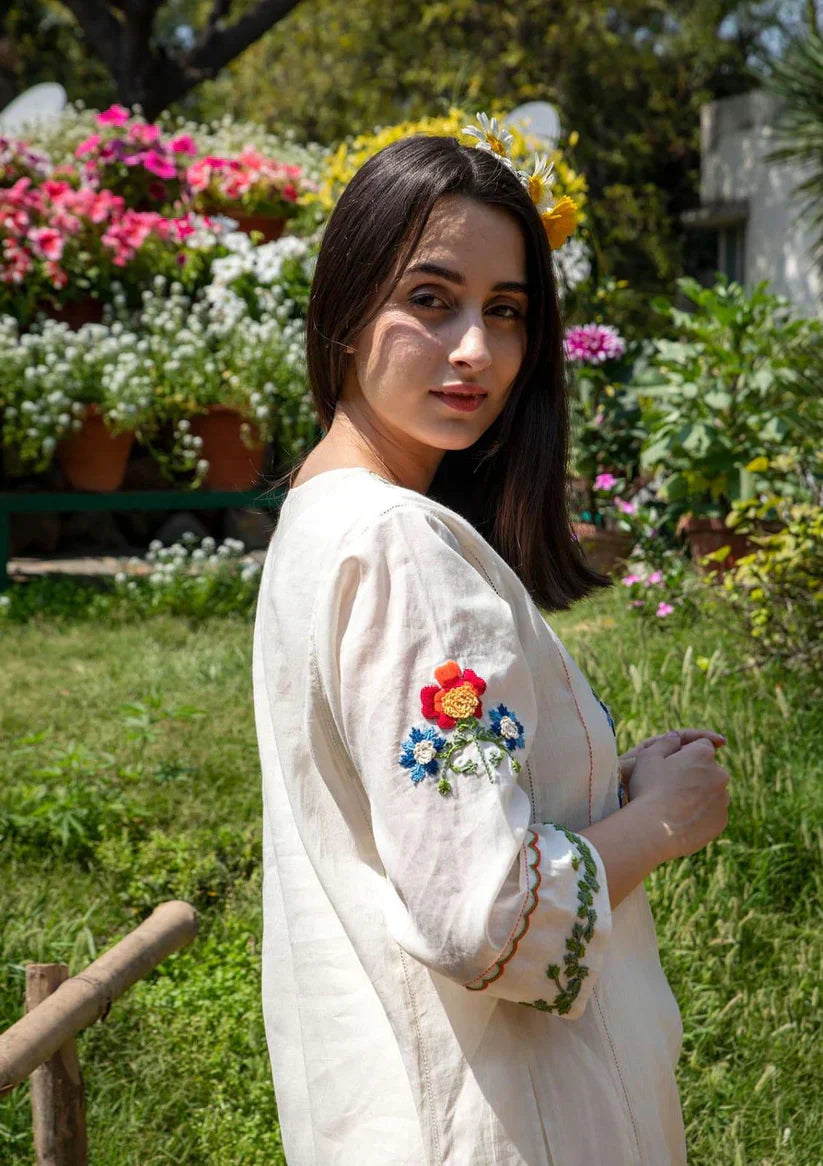 Biba Off White Embroidered Cotton Kurta And Pant Set