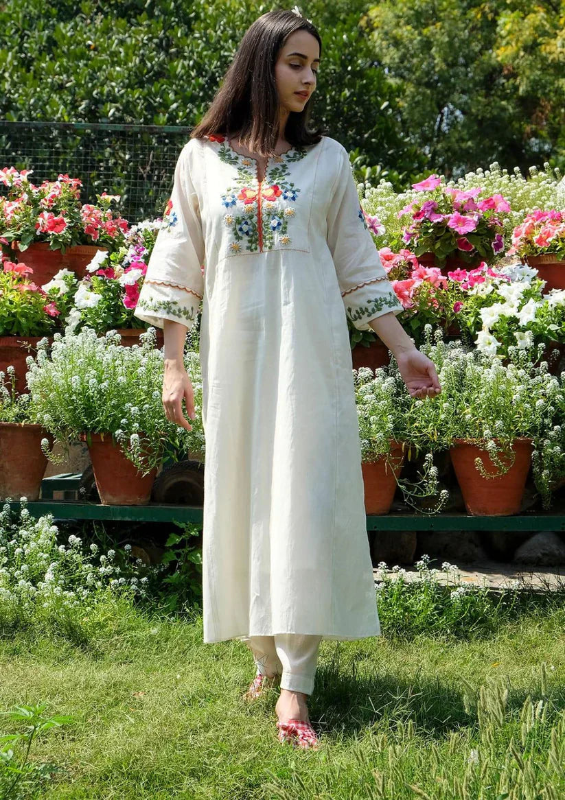 Biba Off White Embroidered Cotton Kurta And Pant Set
