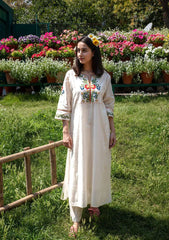 Biba Off White Embroidered Cotton Kurta And Pant Set