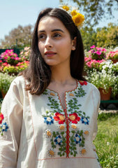 Biba Off White Embroidered Cotton Kurta And Pant Set