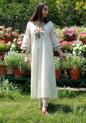 Biba Off White Embroidered Cotton Kurta And Pant Set
