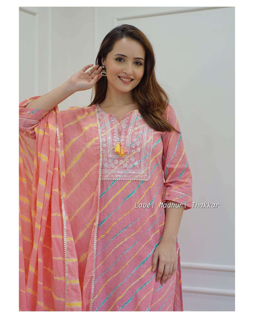 Biba Pink Leheriya Cotton  Blend Embroidered Suit Set For Women
