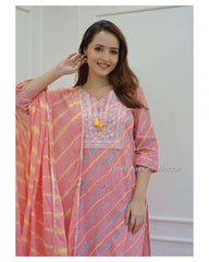 Biba Pink Leheriya Cotton  Blend Embroidered Suit Set For Women