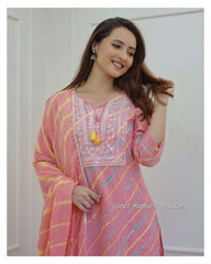Biba Pink Leheriya Cotton  Blend Embroidered Suit Set For Women
