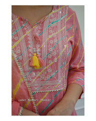 Biba Pink Leheriya Cotton  Blend Embroidered Suit Set For Women