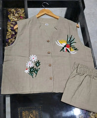 Women'S Sleeveless Embroidered Linen Two-Piece Set
