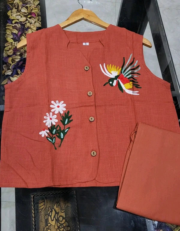 Women'S Sleeveless Rust Linen Two-Piece Set With Embroidery