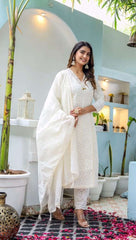 Biba Chickenkari Kurti Pant Set With Embroidered Lace And Chanderi Dupatta