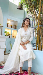 Biba Chickenkari Kurti Pant Set With Embroidered Lace And Chanderi Dupatta