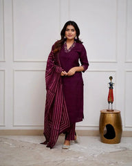 Biba Wine Cotton Kurta With Pant & Dupatta Set For Women