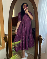 Biba Chic Maroon Ikat Midi Dress With Puff Sleeves