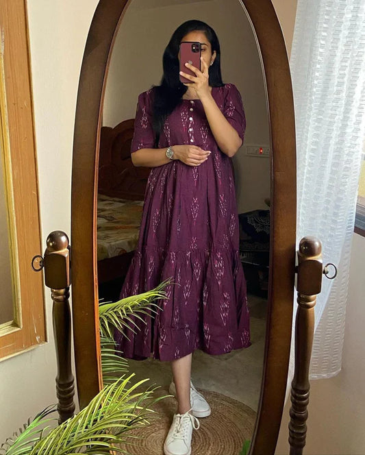 Biba Chic Maroon Ikat Midi Dress With Puff Sleeves