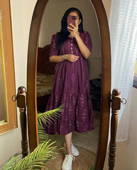 Biba Chic Maroon Ikat Midi Dress With Puff Sleeves