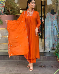 Biba Beautiful Cotton Fabric Kurti Pant With Malmal Dupatta(Orange)