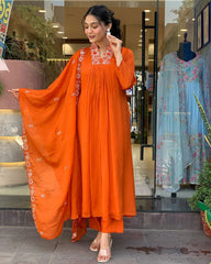 Biba Beautiful Cotton Fabric Kurti Pant With Malmal Dupatta(Orange)