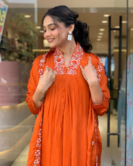 Biba Beautiful Cotton Fabric Kurti Pant With Malmal Dupatta(Orange)