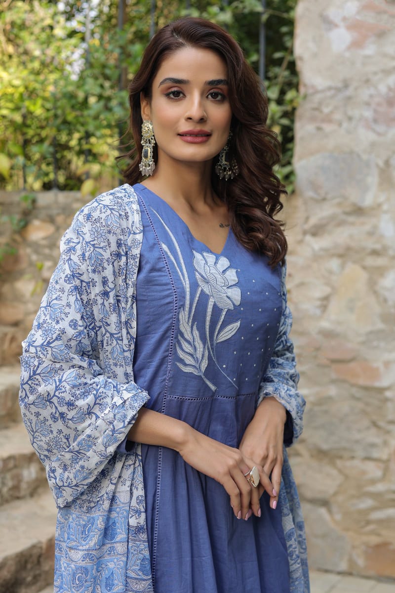 Biba Blue Kurta Suit Set With Floral Embroidery