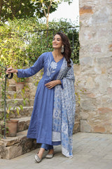 Biba Blue Kurta Suit Set With Floral Embroidery