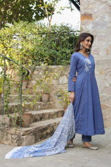 Biba Blue Kurta Suit Set With Floral Embroidery