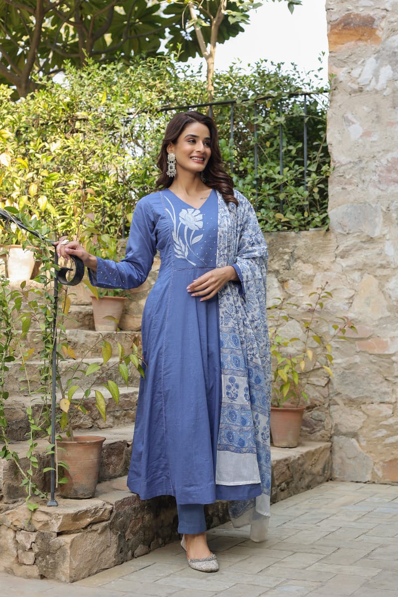 Biba Blue Kurta Suit Set With Floral Embroidery
