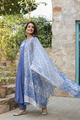 Biba Blue Kurta Suit Set With Floral Embroidery