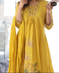 Yellow Nri Embroidery Cotton Kurta Pant And Dupatta Set for Women