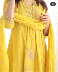 Biba Women Yellow Nri Embroidery Cotton Kurta Pant And Dupatta Set