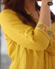 Biba Women Yellow Nri Embroidery Cotton Kurta Pant And Dupatta Set