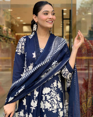 Biba Women Cotton Blue Kurta Pant And Dupatta Set