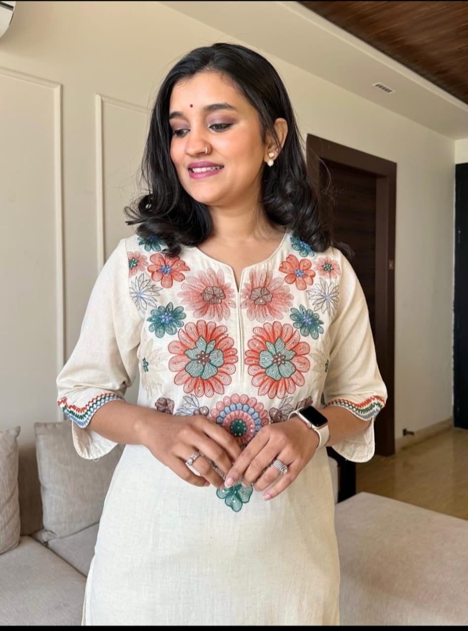 Biba Off White Embroidered Cotton Flex Kurta And Pant Set