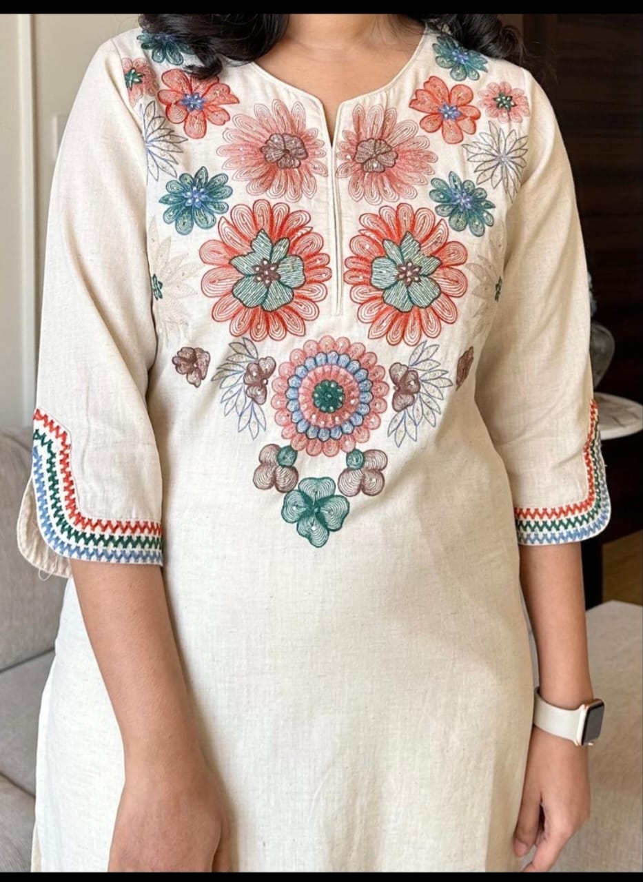 Biba Off White Embroidered Cotton Flex Kurta And Pant Set