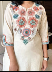 Biba Off White Embroidered Cotton Flex Kurta And Pant Set