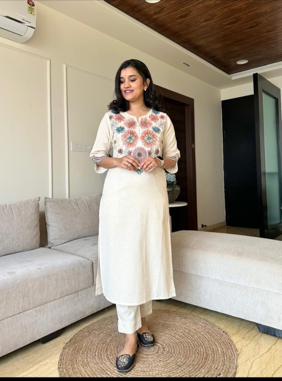 Off White Embroidered Cotton Flex Kurta And Pant Set