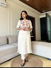 Biba Off White Embroidered Cotton Flex Kurta And Pant Set