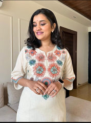 Biba Off White Embroidered Cotton Flex Kurta And Pant Set